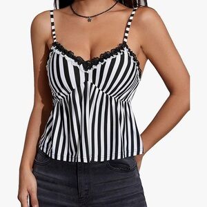 Women's Striped Lace Flared Hem Spaghetti Strap Sleeveless Crop Cami Top